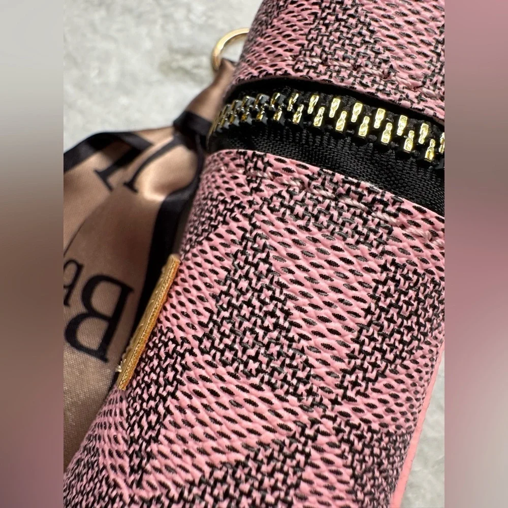 New Pink Geometric Print Mini Bag Purse Charm Keychain w/ Scarf & Fleur de Lis
